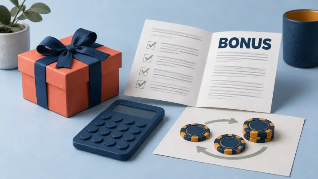 Lahjapaketti, laskin, pelimerkit ja BONUS-otsikolla varustettu bonusehtojen tarkistuslista.