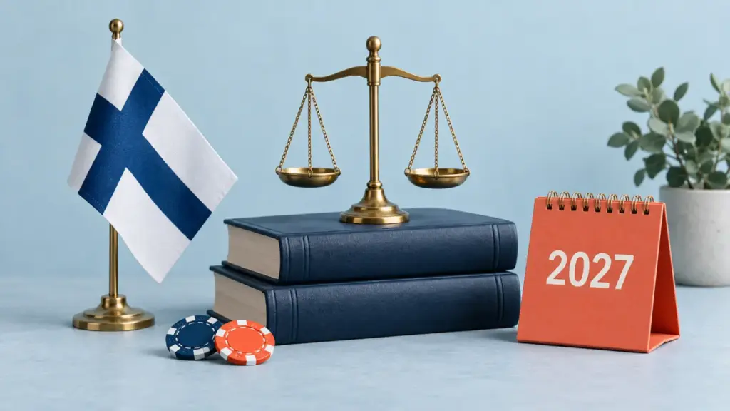 Suomen lippu, lakikirjat, vaaka ja vuoden 2027 kalenteri kuvaamassa rahapelilain muutosta.
